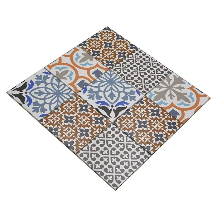 Selbstklebemosaik Quadrat SAM PORTO - 30 x 30 cm, Creme/Blau/Orange, Matt - Nahaufnahme von neun marokkanischen Fliesen in verschiedenen Mustern und Farben, die in einer quadratischen Form angeordnet sind.
