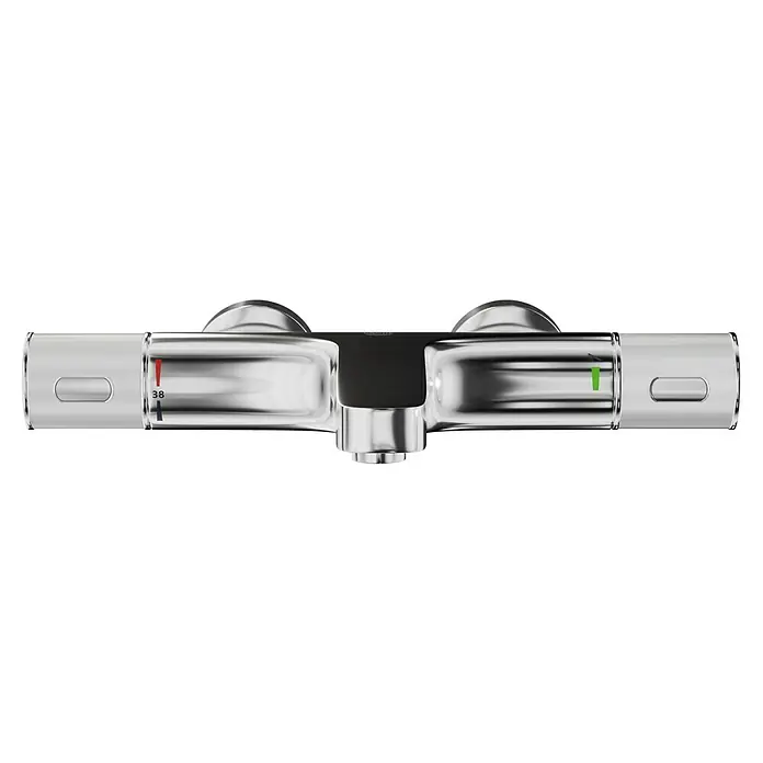 Grohe Precision Feel Wannenthermostat - Chrom, Glänzend - Das Bild zeigt eine Thermostat-Duscharmatur mit Temperaturregler und Sicherheitsknopf, ideal für ein modernes Badezimmer.