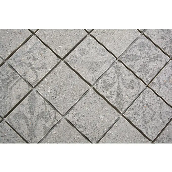 Mosaikfliese Quadrat Blox CSB 48BG3 - 29,8 x 29,8 cm, Grau, Matt - Nahaufnahme von quadratischen, grauen Fliesen mit subtilen, dekorativen Mustern und dunklen Fugenlinien, die ein elegantes Design erzeugen.