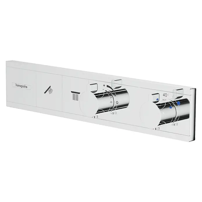 Hansgrohe UP-Thermostatarmatur RainSelect - Eckig, Chrom, Glänzend, Anzahl Absperrventile: 2 Stk. - Produktbild der Hansgrohe Unterputz-Thermostatarmatur, ein elegantes Design für moderne Badezimmer mit präziser Temperaturregelung und einfacher Bedienung.