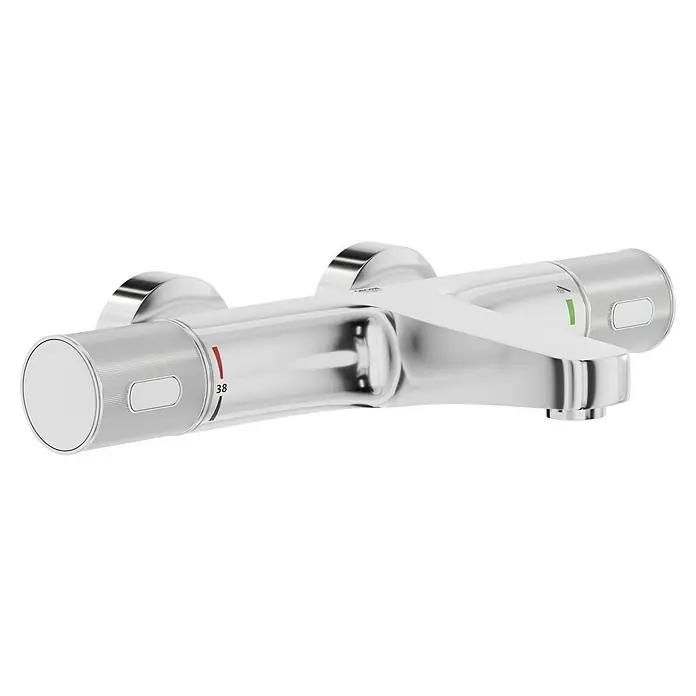 Grohe Precision Feel Wannenthermostat - Chrom, Glänzend - Nahaufnahme einer glänzenden, thermostatischen Duscharmatur mit Temperaturanzeige und Wasserflussregler, die modernes Design und Funktionalität vereint.