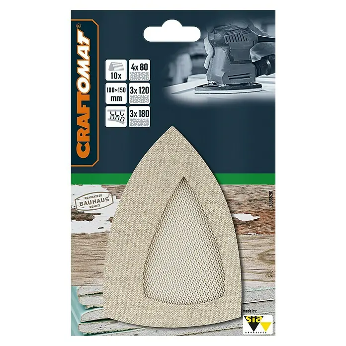 Craftomat Schleifgitter-Set - 100 x 150 mm, 10 Stk. - Nahaufnahme des CRAFTOMAT Schleifpapier-Sets mit verschiedenen Körnungen, ideal für Schleifarbeiten.