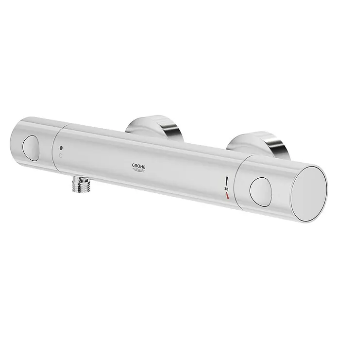 Grohe Precision Get Brausethermostat - Chrom, Glänzend - Nahaufnahme einer glänzenden Grohe Duscharmatur mit Temperaturregler und Wassermengensteuerung für ein luxuriöses Duscherlebnis.