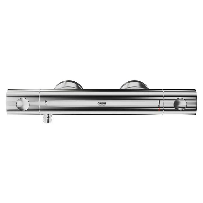 Grohe Precision Get Brausethermostat - Chrom, Glänzend - Nahaufnahme einer glänzenden Grohe Thermostat-Duscharmatur aus Chrom mit Temperaturanzeige und Bedienelementen.