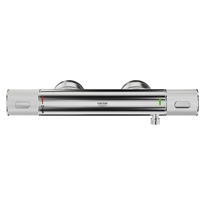 Grohe Precision Feel Brausethermostat - Chrom - Nahaufnahme einer Grohe Thermostatarmatur, die präzise Temperaturregelung und stilvolles Design für moderne Badezimmer vereint.