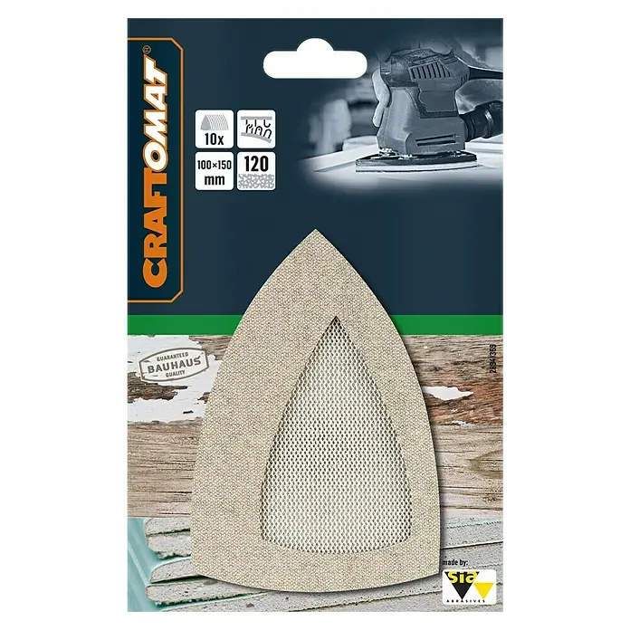 Craftomat Schleifblätter - Körnung: 120, Länge: 150 mm, 1 Stk. - Produktverpackung: CRAFTOMAT Schleifpapier, 10 Stück, 100x150mm, Körnung 120, für Dreieckschleifer, hergestellt von Sia Abrasives.