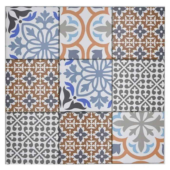 Selbstklebemosaik Quadrat SAM PORTO - 30 x 30 cm, Creme/Blau/Orange, Matt - Dekorfliesen-Set mit verschiedenen ornamentalen Mustern in Blau-, Braun- und Grautönen für eine stilvolle Wand- und Bodengestaltung.