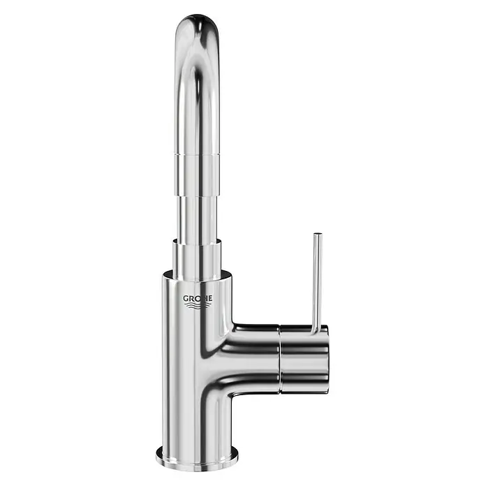 Grohe Concetto Waschtischarmatur L-Size - Chrom, Glänzend - Abbildung einer glänzenden Chrom-Küchenarmatur der Marke Grohe vor schwarzem Hintergrund. Elegantes Design für moderne Küchen.