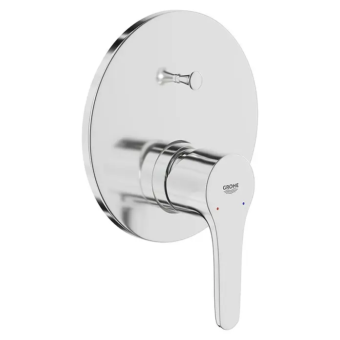 Grohe Eurostyle Cosmopolitan UP-Badewannenarmatur - Chrom, Matt - Nahaufnahme eines Grohe-Einhebelmischers für Dusche, glänzend verchromt, mit Temperaturanzeige und rundem Design.