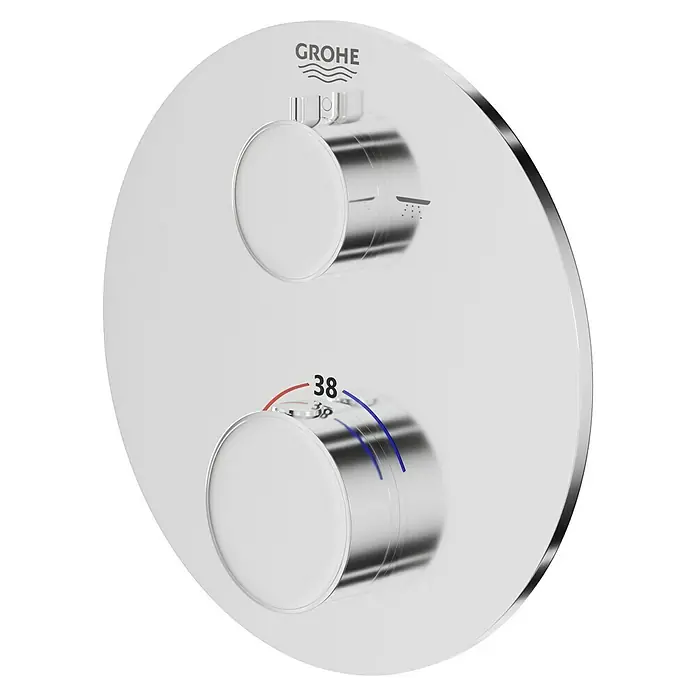 Grohe Grohtherm UP-Thermostatarmatur - Rund, Chrom, Glänzend - Nahaufnahme eines GROHE-Thermostats mit präziser Temperaturregelung, ideal für moderne Badezimmer und Duschsysteme.