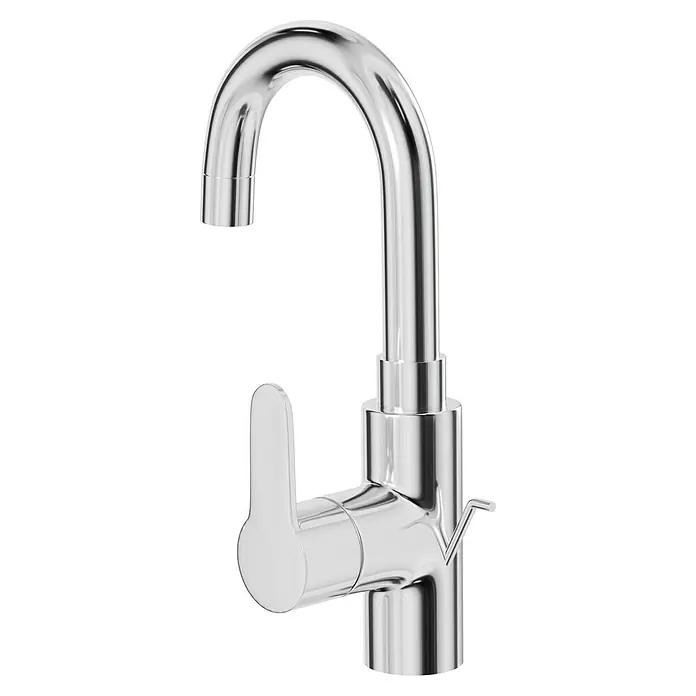 Grohe Eurostyle Cosmopolitan Waschtischarmatur L-Size - Chrom, Glänzend - Ein glänzender Chrom-Wasserhahn mit einem hohen Auslauf und einem seitlichen Hebel vor einem schwarzen Hintergrund.