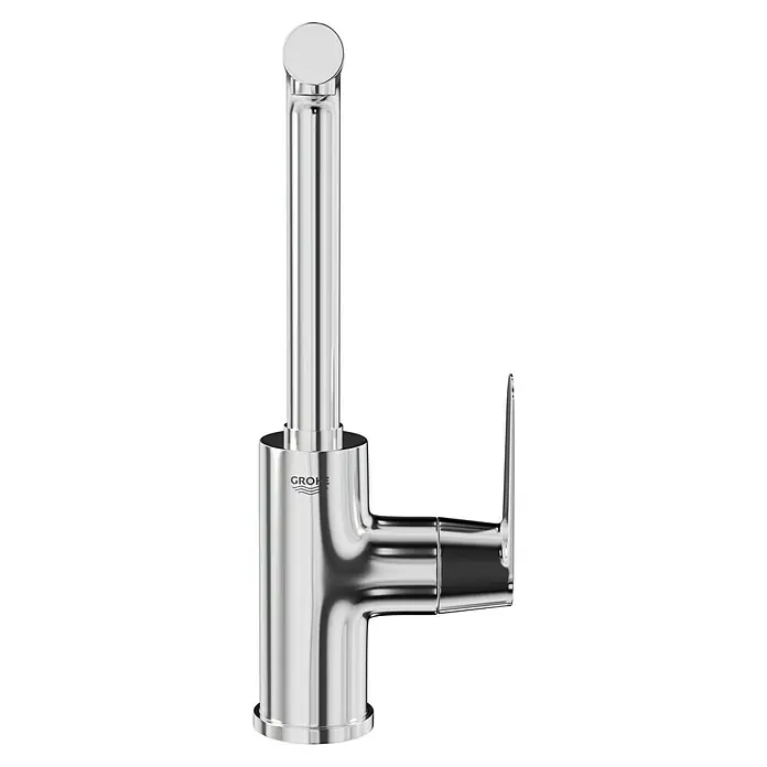 Grohe Eurodisc Waschtischarmatur L-Size - Chrom, Glänzend - Eine glänzende, moderne Grohe Küchenarmatur mit minimalistischem Design vor einem schwarzen Hintergrund.