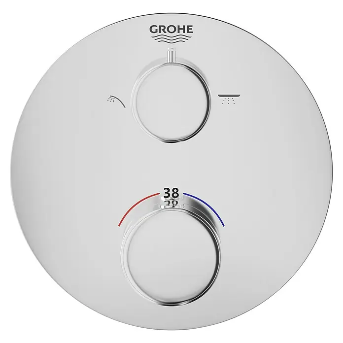 Grohe Grohtherm UP-Thermostatarmatur - Rund, Chrom, Glänzend - Nahaufnahme eines Grohe-Thermostats mit Temperaturregler und Wasserauswahlschalter, ideal für moderne Badezimmer.