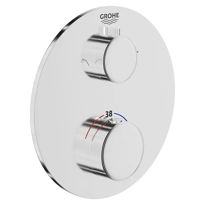 Grohe Grohtherm UP-Thermostatarmatur - Rund, Chrom, Glänzend - Nahaufnahme einer Grohe Armatur mit zwei runden Bedienelementen und Temperaturanzeige, die ein modernes Baddesign ergänzt.