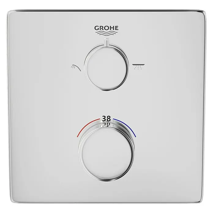 Grohe Grohtherm UP-Thermostatarmatur - Eckig, Chrom, Glänzend - Nahaufnahme eines Grohe Duschthermostats mit Temperaturregler und Wassermengenauswahl für ein luxuriöses Duscherlebnis.