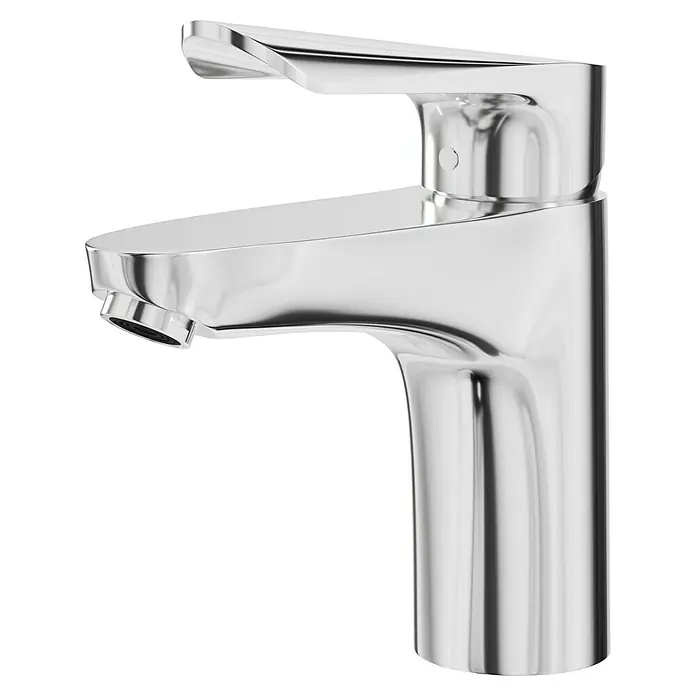 Hansgrohe Logis E Waschtischarmatur 100 - Höhe: 16,4 cm, Chrom, Glänzend - Nahaufnahme eines modernen, verchromten Waschtischhahns mit klaren Linien und minimalistischem Design. Perfekt für zeitgemäße Badezimmer.