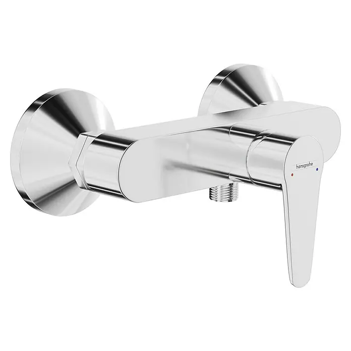 Hansgrohe Logis E Brausearmatur - Chrom, Glänzend - Nahaufnahme eines verchromten Hansgrohe Wasserhahns mit Hebel und Temperaturanzeige, elegant und modern gestaltet für Bad und Küche.