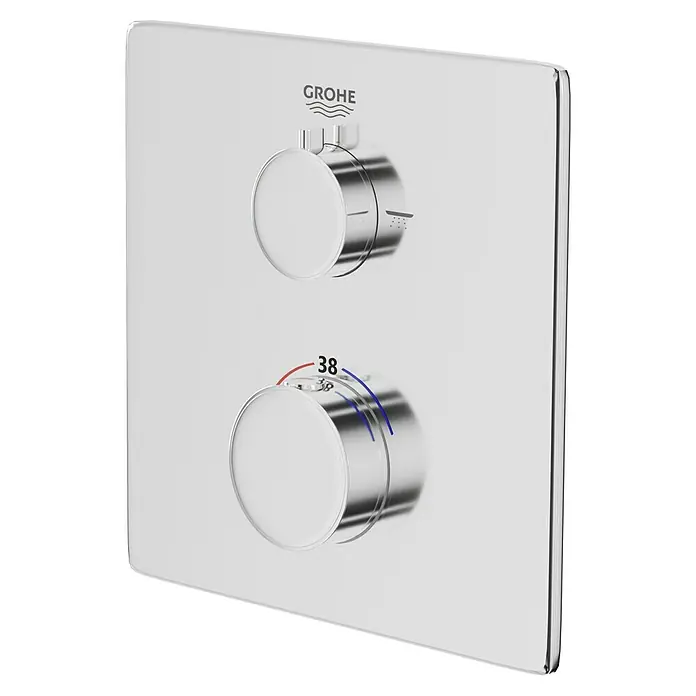 Grohe Grohtherm UP-Thermostatarmatur - Eckig, Chrom, Glänzend - Nahaufnahme einer quadratischen Grohe-Duscharmatur mit zwei runden Knöpfen zur Temperatur- und Strahlregelung. Elegantes Design für Ihr Bad.