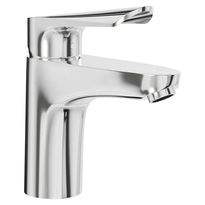 Hansgrohe Logis E Waschtischarmatur 100 - Höhe: 16,4 cm, Chrom, Glänzend - Nahaufnahme eines glänzenden, verchromten Waschtischhahns mit modernem Design und eleganten Kurven vor schwarzem Hintergrund.