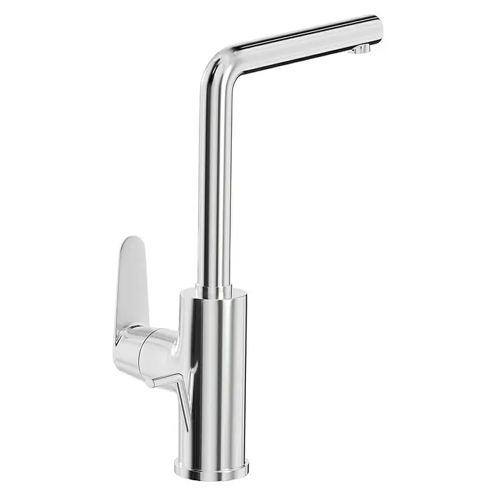 Grohe Eurodisc Waschtischarmatur L-Size - Chrom, Glänzend - Ein glänzender, moderner Wasserhahn mit einem einzelnen Griff und einem minimalistischen Design vor einem schwarzen Hintergrund.