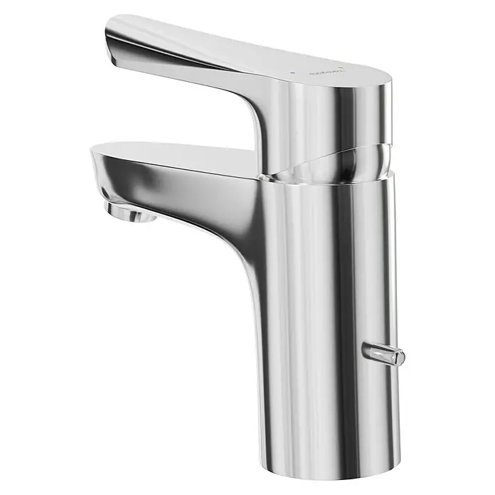 Hansgrohe Logis E Waschtischarmatur 70 - Höhe: 14,5 cm, Chrom, Glänzend - Nahaufnahme eines glänzenden, silbernen Wasserhahns mit modernem Design und klaren Linien.