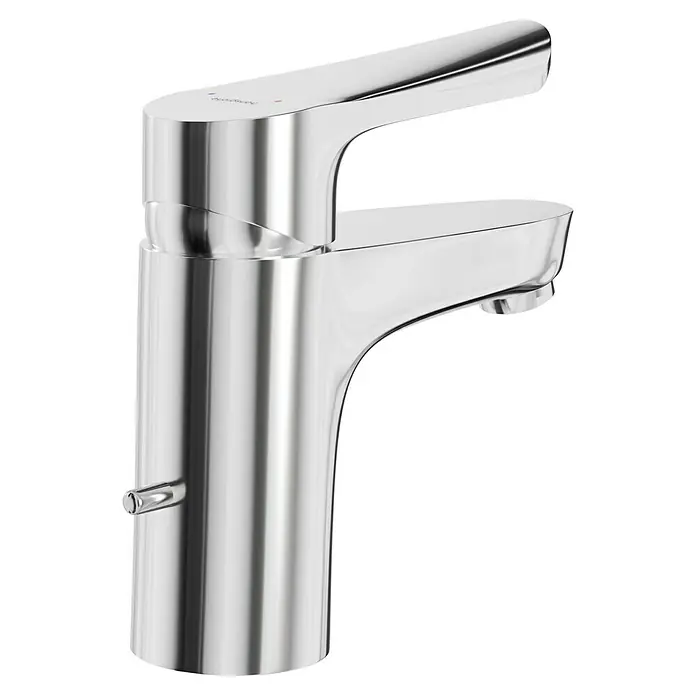 Hansgrohe Logis E Waschtischarmatur 70 - Höhe: 14,5 cm, Chrom, Glänzend - Nahaufnahme eines glänzenden, verchromten Wasserhahns, der elegantes Design und moderne Funktionalität für jedes Badezimmer bietet.