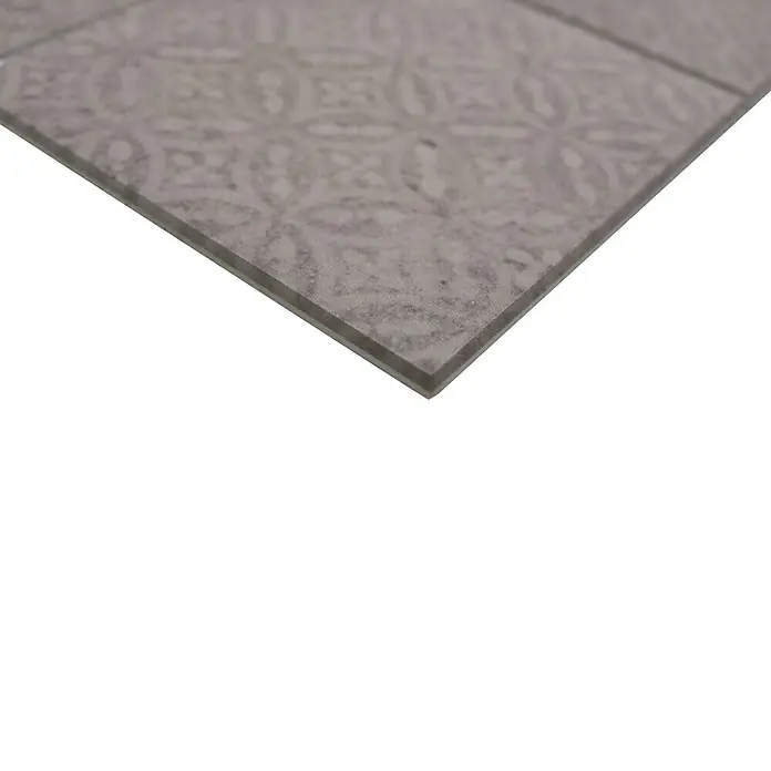 Selbstklebemosaik Quadrat SAM CELLO - 30 x 30 cm, Grau, Matt - Nahaufnahme einer eleganten, gemusterten grauen Bodenfliese.