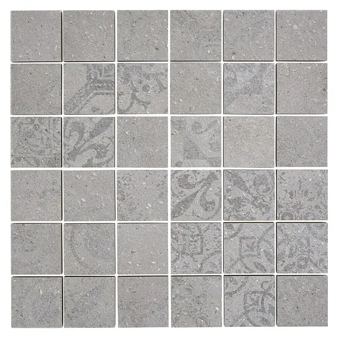 Mosaikfliese Quadrat Blox CSB 48BG3 - 29,8 x 29,8 cm, Grau, Matt - Graue Steinmosaikfliese mit floralen Mustern für ein stilvolles und modernes Design. Ideal für Badezimmer und Küchen.