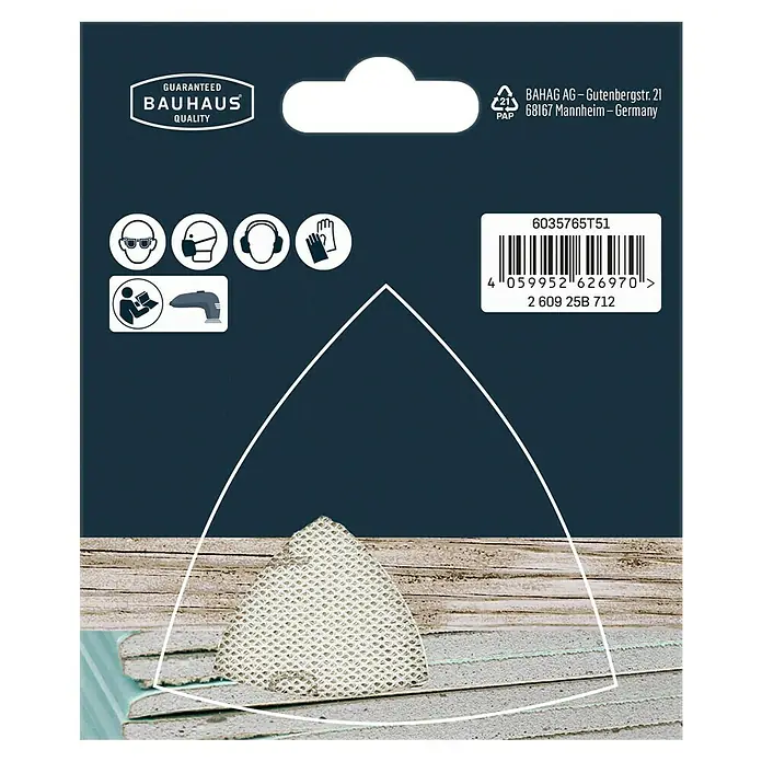 Craftomat Set malla abrasiva C 7009 - Grano: 80 mm, 5 ud. - Embalaje para papel de lija Bauhaus, que muestra una forma triangular y el logotipo de Bauhaus.