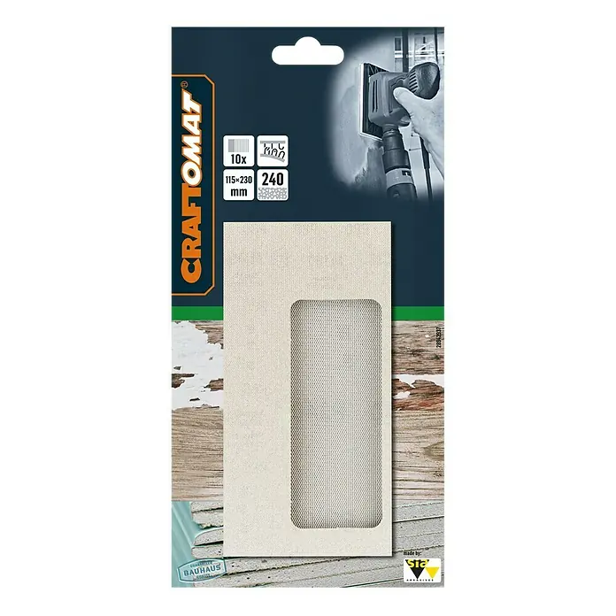 Craftomat Schleifnetz - 230 x 115 mm, Körnung: 240, 10 Stk. - Die Packung CRAFTOMAT Schleifgitter mit Körnung 240, 10 Stück, 115x230mm, mit dem Bauhaus Qualitätsgarantie-Siegel, ideal zum Schleifen.