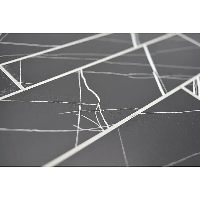 Selbstklebemosaik Rechteck SAM 4XSP 04 - 29,8 x 29,6 cm, Schwarz, Matt - Nahaufnahme einer modernen, grauen Marmorfliese mit weißen geometrischen Mustern, die einen eleganten und stilvollen Look erzeugt.