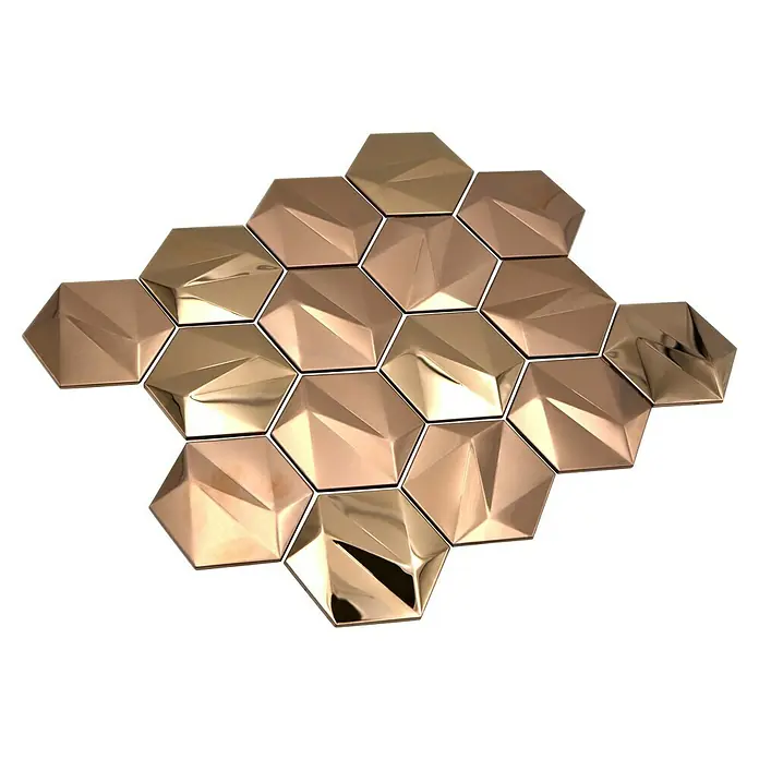Mosaikfliese Hexagon HXM 50BR - 26,2 x 23 cm, Rosegold, Glänzend - Nahaufnahme eines Musters aus sechseckigen, kupferfarbenen 3D-Wandfliesen, die ein einzigartiges und modernes Design bieten.