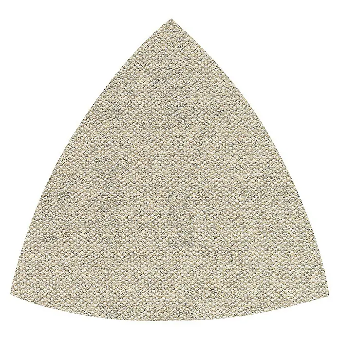 Craftomat Set malla abrasiva C 7009 - Grano: 80 mm, 5 ud. - Alfombra triangular con textura beige sobre fondo negro para la decoración interior.