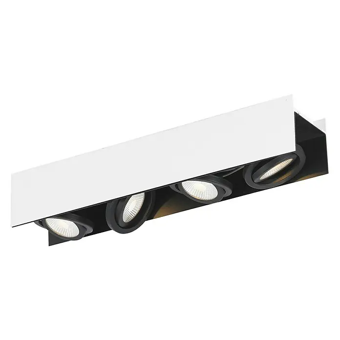 Eglo LED-Deckenleuchte Vidago - 21,6 W, L x B x H: 62 x 13 x 11 cm, Weiß, Warmweiß - Nahaufnahme einer modernen weißen Deckenleuchte mit vier einzelnen, verstellbaren Strahlern, die ein helles, gerichtetes Licht spenden.