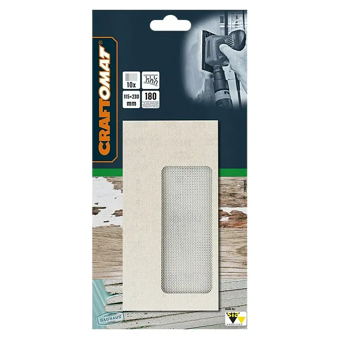 Craftomat Schleifnetz - 230 x 115 mm, Körnung: 180, 10 Stk. - Produktverpackung für CRAFTOMAT Schleifgitter, 10 Stück, 115x230mm, Körnung 180, für Trockenbauschleifer, ideal zum Schleifen von Wänden.