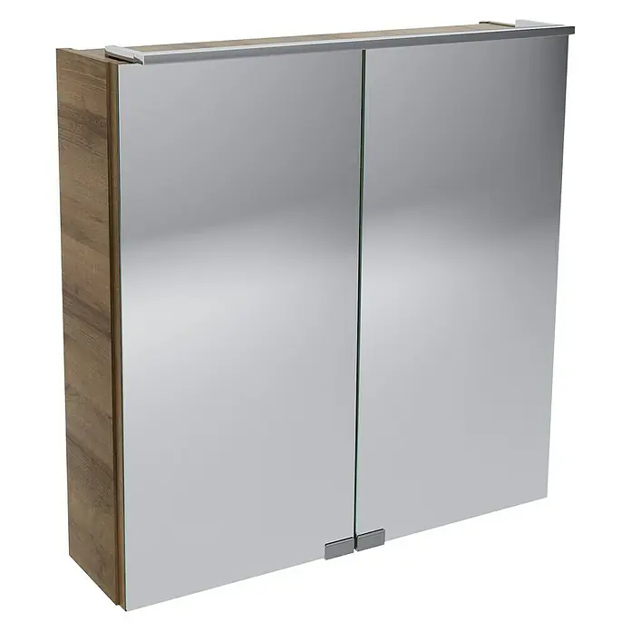 Camargue Stella LED-Spiegelschrank - B x H: 60 x 68,4 cm, Mit Beleuchtung, Berg Eiche - Ein Badezimmerspiegelschrank mit zwei Spiegeltüren und Holzrahmen. Praktisch für die Aufbewahrung von Badutensilien.