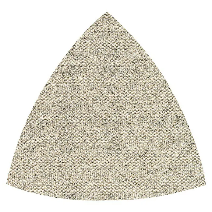 Craftomat Set malla abrasiva C 7009 - Grano: 120 mm, 5 ud. - Primer plano de una alfombra triangular con textura beige sobre fondo negro.