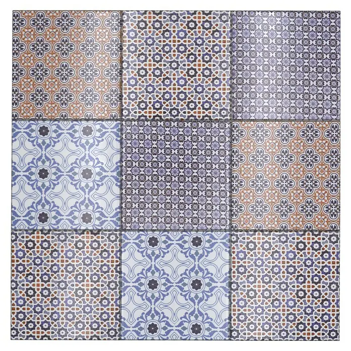 Selbstklebemosaik Quadrat SAM CLAM - 30 x 30 cm, Weiß/Blau/Orange, Glänzend - Dekorfliese mit neun kunstvollen Mustern in Orange, Blau und Lila für eine stilvolle Wand- oder Bodengestaltung.