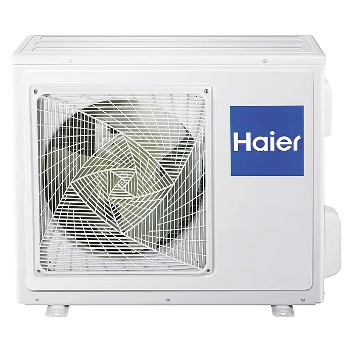Haier Aire acondicionado por conductos AD50S2SM-H - 5.000 W, 6.000 W, 35 m² - 50 m², Blanco - Primer plano de un aire acondicionado Haier blanco con un logo Haier azul y una rejilla protectora.