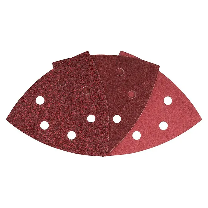 Craftomat Delta-Haftschleifscheiben Set - Körnung: 60 - 240, 6 -tlg. - Mehrere rote Schleifpapierblätter in Dreiecksform mit Löchern zur Staubabsaugung, für Dreieckschleifer.
