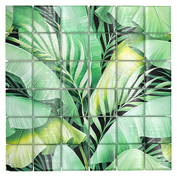Mosaikfliese Quadrat Crystal Rainforest XCM RF01 - 29,8 x 29,8 cm, Grün, Glänzend - Mosaikfliesen mit tropischem Blattmuster. Die grünen und schwarzen Fliesen verleihen jedem Raum einen frischen Look.
