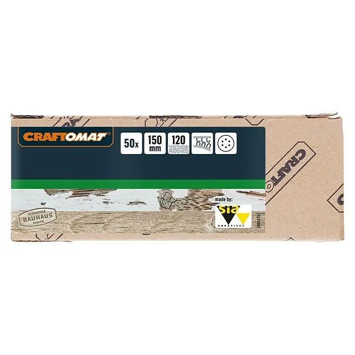 Craftomat Disco de lija autoadherente C 1061 - Diámetro: 150 mm, Grano: 120 mm, Con perforación, 1 ud. - Un paquete de discos de lijado Craftomat, fabricados por SIA Abrasives, de 50x150 mm y con un grano de 120.