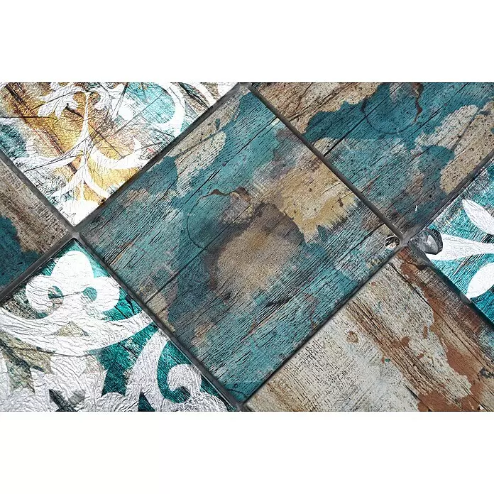 Mosaikfliese Quadrat Crystal Mix XCM WOOD 850 - 29,8 x 29,8 cm, Beige/Petrol, Matt - Detailaufnahme