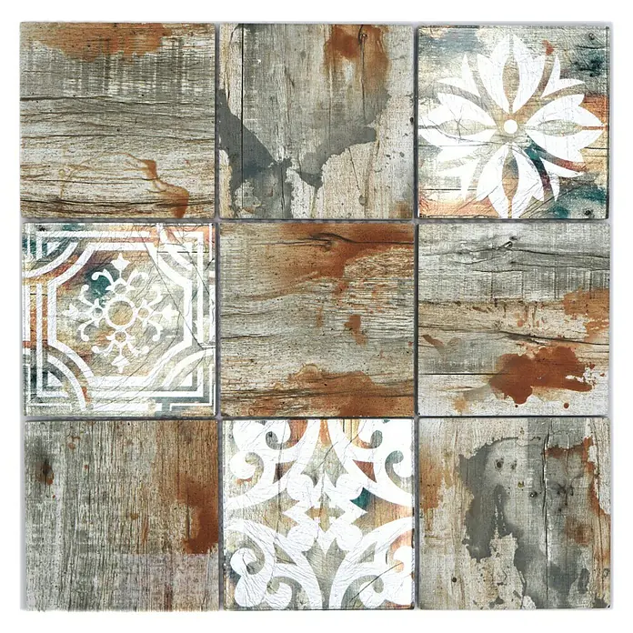 Mosaikfliese Quadrat Crystal Mix XCM WOOD 750 - 29,8 x 29,8 cm, Hellbeige, Matt - Quadratische Fliesen mit Holz- und Blumendesigns. Das Design ist rustikal mit weißen Ornamenten und Holzmuster, das ein einzigartiges Erscheinungsbild verleiht.