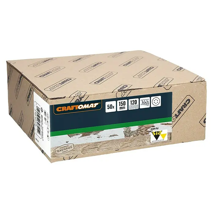 Craftomat Disco de lija autoadherente C 1061 - Diámetro: 150 mm, Grano: 120 mm, Con perforación, 1 ud. - Imagen del producto de una caja de papel de lija CRAFTOMAT que muestra detalles de tamaño y el logotipo del fabricante.