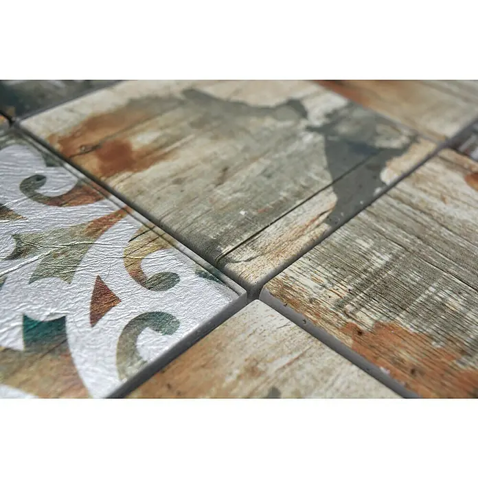 Mosaikfliese Quadrat Crystal Mix XCM WOOD 750 - 29,8 x 29,8 cm, Hellbeige, Matt - Nahaufnahme von quadratischen Keramikfliesen mit Holz- und floralen Mustern, die eine moderne und stilvolle Oberfläche bilden.