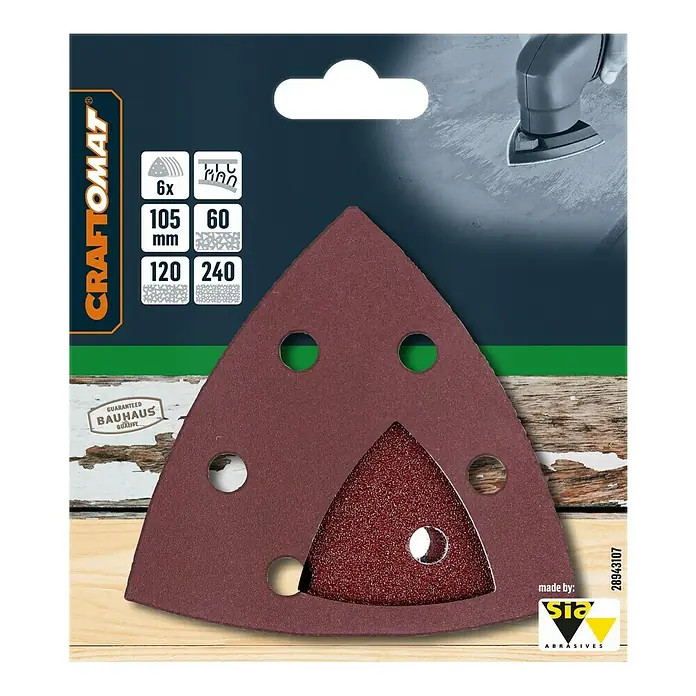 Craftomat Delta-Haftschleifscheiben Set - Körnung: 60 - 240, 6 -tlg. - Schleifpapier-Set von Craftomat mit dreieckigen Schleifblättern in verschiedenen Körnungen für Dreieckschleifer. Ideal zum Schleifen von Holzoberflächen.