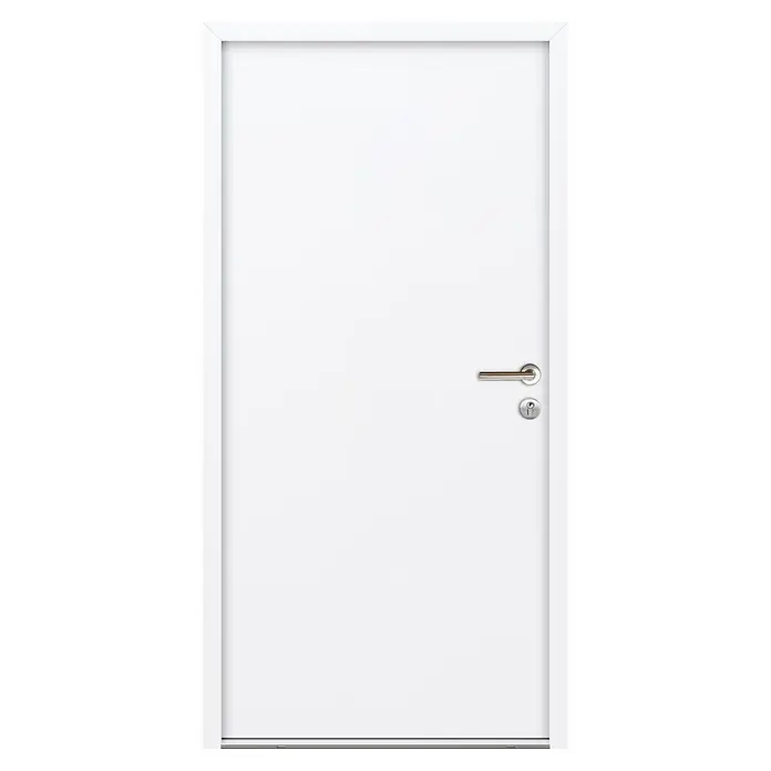 FM Türen Nebeneingangstür NBT56-07 - 110 x 210 cm, DIN Anschlag: Rechts, Weiß - Eine elegante, weiße Innentür mit einem modernen silbernen Türgriff und einem Schlüsselloch für zusätzliche Sicherheit.