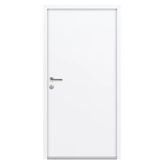 FM Türen Nebeneingangstür NBT56-07 - 90 x 200 cm, DIN Anschlag: Links, Weiß - Elegante weiße Innentür mit schlichtem Türgriff und Schloss, perfekt für moderne Wohnräume. Die Tür bietet Stil und Sicherheit zugleich.