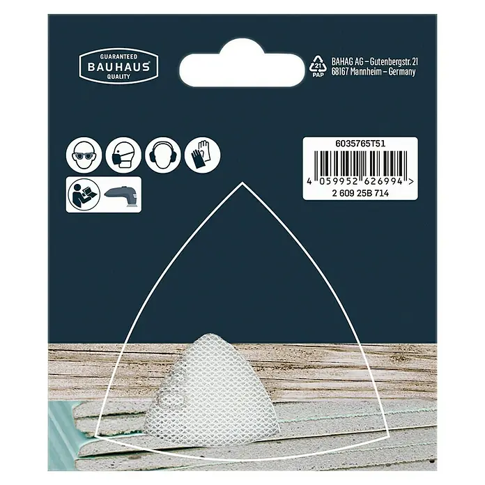 Craftomat Set malla abrasiva C 7009 - Grano: 180 mm, 5 ud. - Imagen de un embalaje de hojas de lija Bauhaus que indica alta calidad y precisión en aplicaciones de lijado.